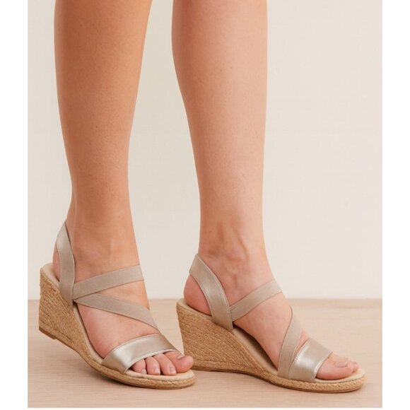 AK Anne Klein Sport 10M Wedge Elastic Strappy Straps Beige Blended Fabric - Picture 1 of 10